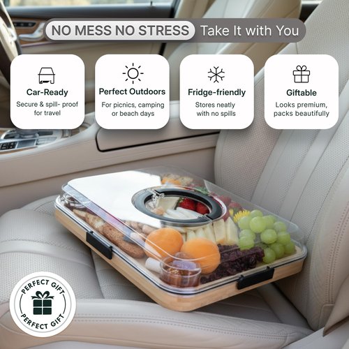 HULLIARD Charcuterie Board Set with Handless Lid – Bamboo Cheese Board with Sliding Drawer, 4 Stainless Steel Cheese Knives, 4 Forks, 2 Glass Bowls, Gift Bag – Perfect for Gift