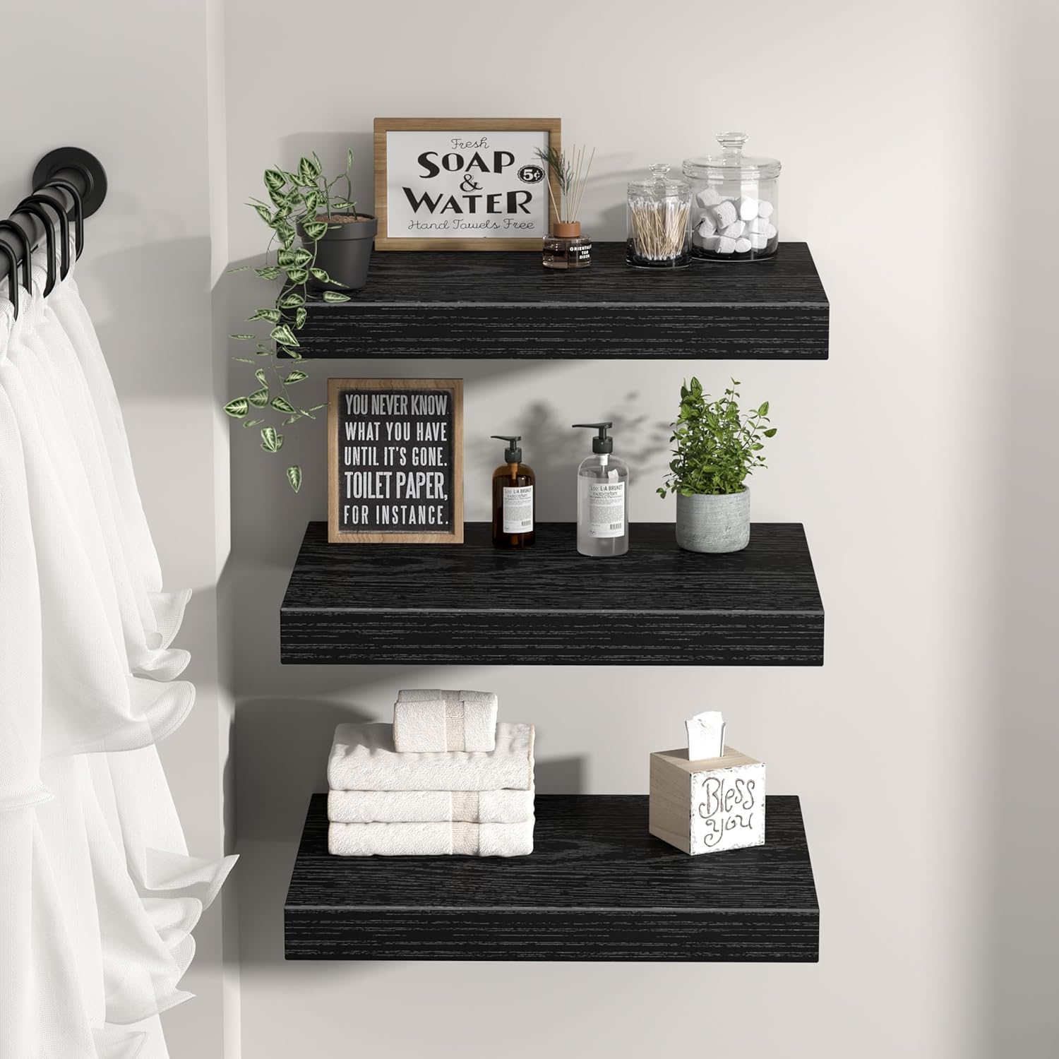 QEEIG Floating Shelves - 12" Deep Wall-Mounted Bookshelf Set of 3 for Bathroom, Bedroom & Kitchen - Black
