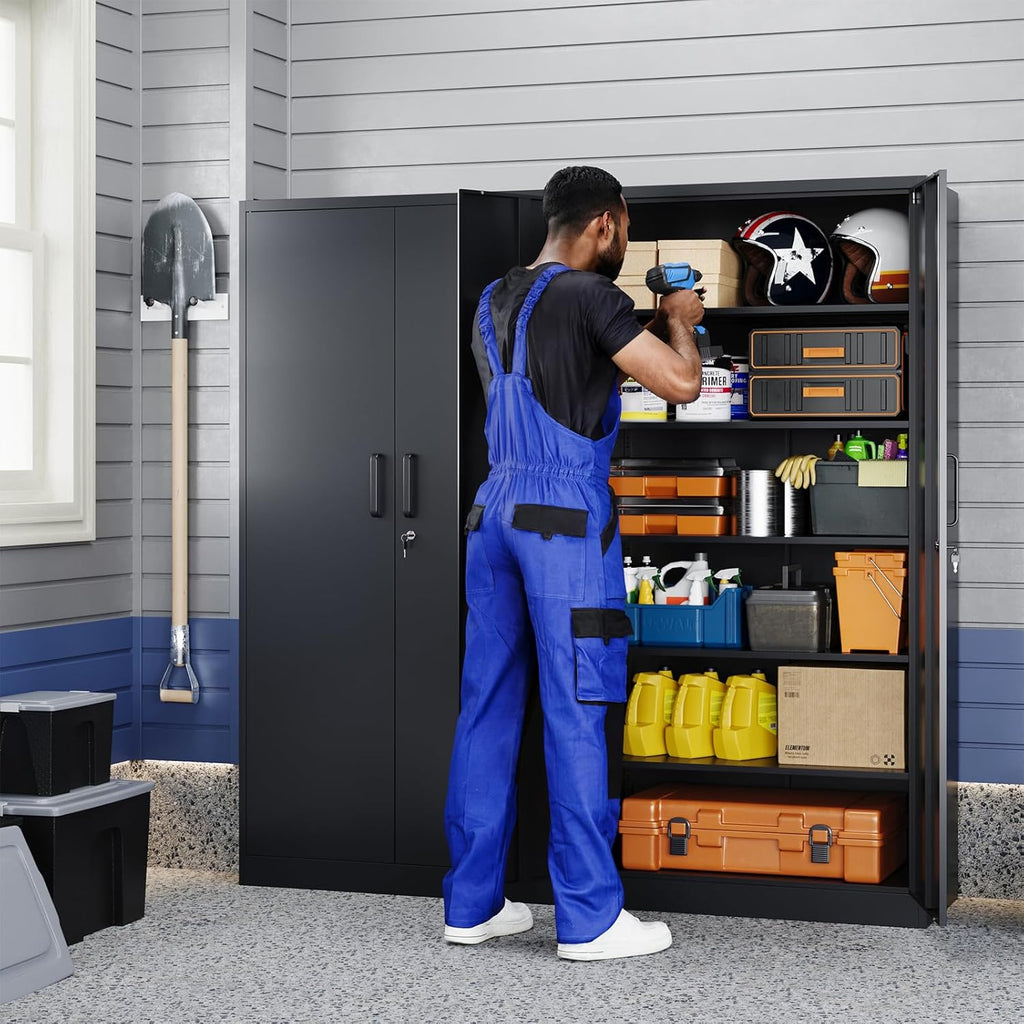 Yizosh Metal Storage Cabinet - 72" Lockable Garage Cabinet with 2 Doors & 5 Adjustable Shelves, Black Steel