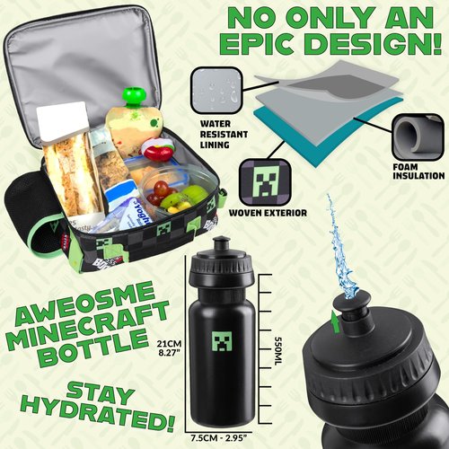 Minecraft Insulated Lunch Bag for Kids Creeper Lunchbox for Boys School Supplies Food Carrier Snacks Picnic Beach Days Travel Gamer Gifts for Kids (Black/Green)