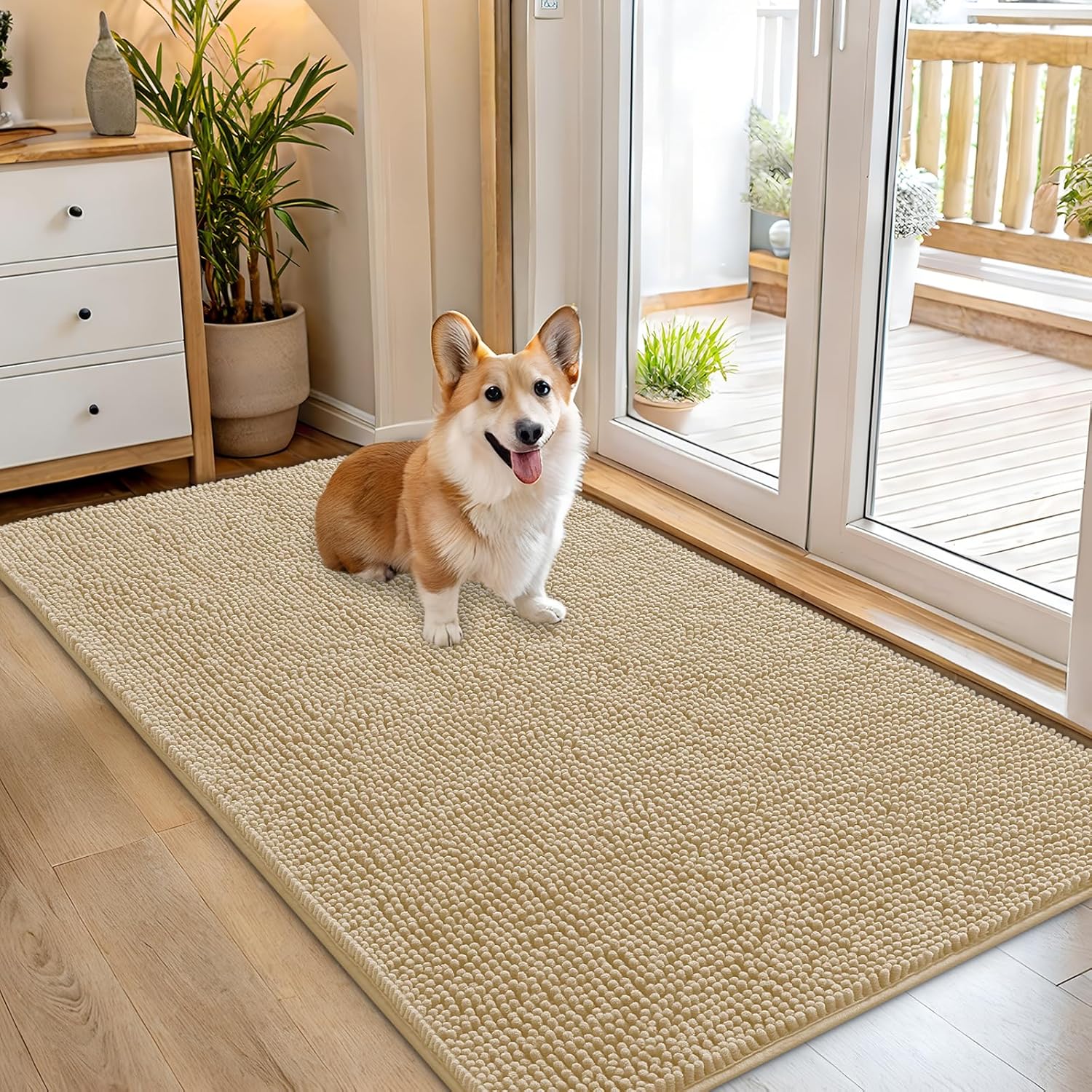 OLANLY Dog Door Mat - Absorbent Non-Slip Washable Chenille Mat for Muddy Paws | 54x32, Beige