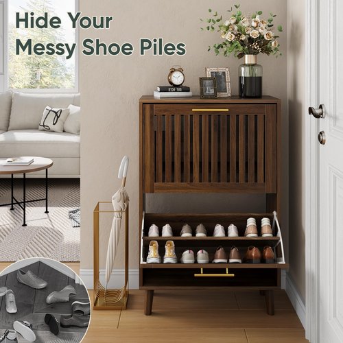 Smart FENDEE Shoe Cabinet with 2 Flip Slatted Drawers, Farmhouse Slim Shoe Organizer Rack with Golden Handles, Freestanding Hidden Entryway Storage for Hallway, Walnut