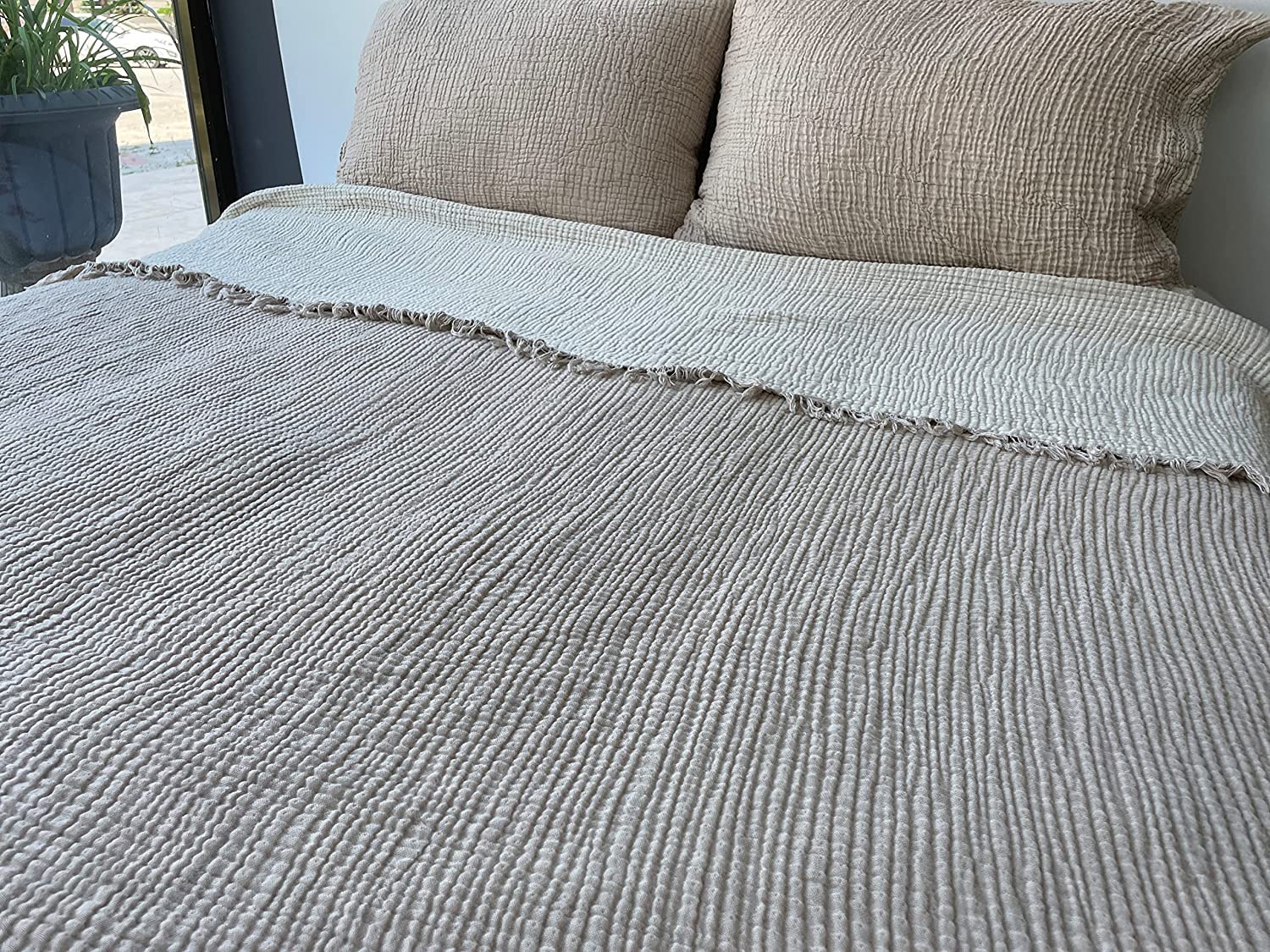 DEKADRON 100% Cotton Muslin Throw Blanket, 4 Layers Bedspread, Soft Turkish Cotton Muslin Bed Cover, Reversible Coverlet, Mink (Full/Queen Size 91x95-230x240cm)