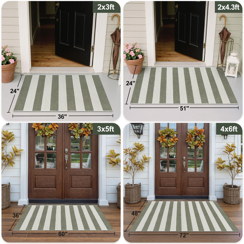 OJIA Striped Outdoor Area Rug 4'x6' Washable Patio Rugs Cotton Woven Living Room Rug Farmhouse Indoor Outdoor Rugs Large Floor Carpet for Courtyard/Bedroom/Entryway (Green/White/Tan)
