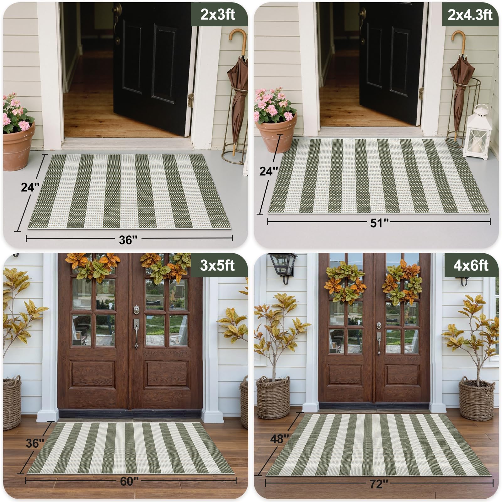 OJIA Striped Outdoor Area Rug 4'x6' Washable Patio Rugs Cotton Woven Living Room Rug Farmhouse Indoor Outdoor Rugs Large Floor Carpet for Courtyard/Bedroom/Entryway (Green/White/Tan)