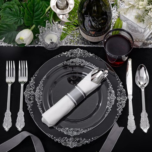 Morejoy 350PCS Clear Silver Plastic Plates - Silver Disposable Plates sets Include 50 Dinner Plates,50 Salad Plates,50 Forks,50 Knives, 50 Spoons，50 Cups, 50 Rolled Napkins for Wedding & Christmas