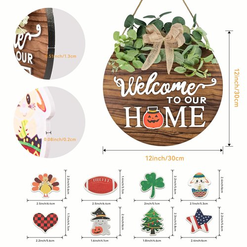 Pinkpum Double Sides Interchangeable Welcome Sign Front Door Decor with 20 Seasonal Icons 2 in 1 Round Wood Wreaths Gifts House Outdoor Indoor Home Decorations All Seasons