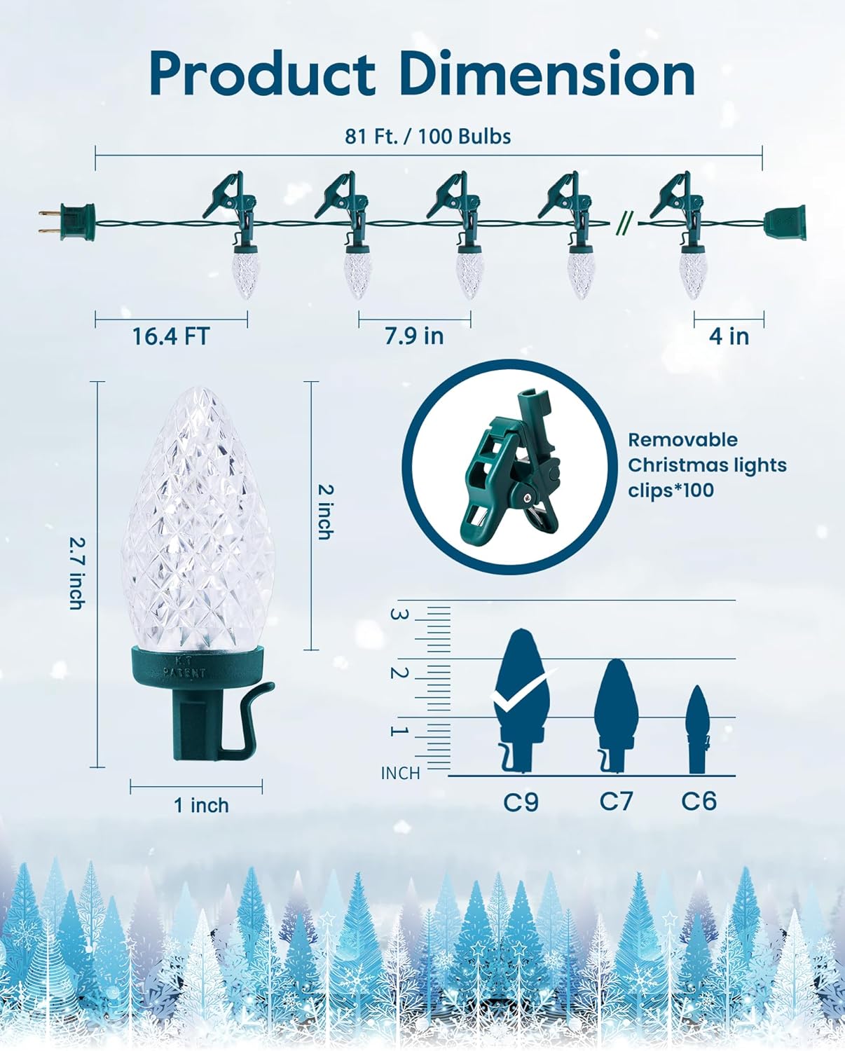 C9 Christmas Lights - 100 LED Waterproof String Lights for Outdoor Use | 65FT with 100 Spring Clips