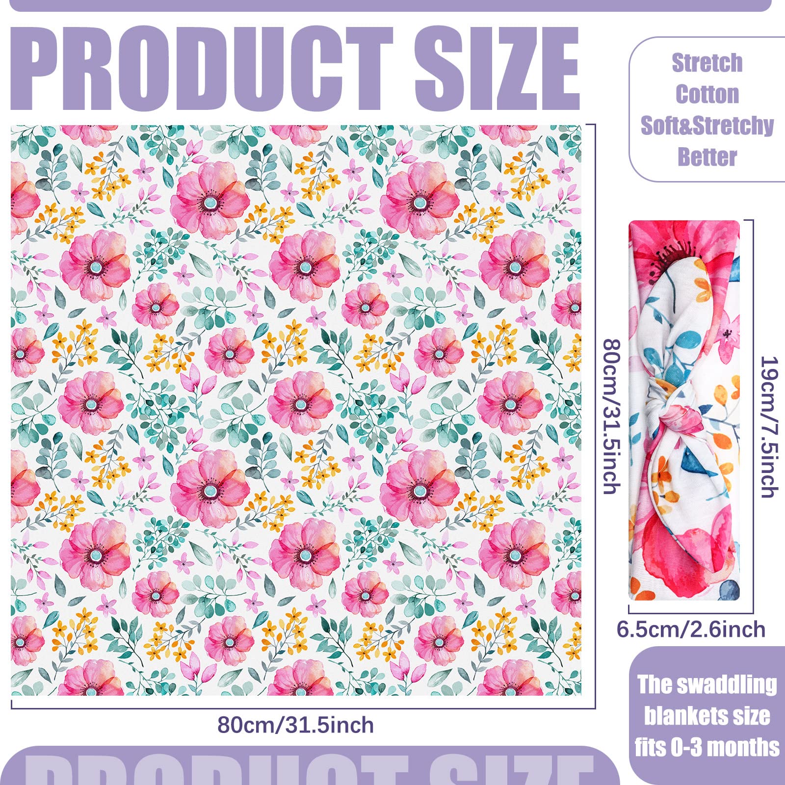 Moukeren 4 Sets Newborn Receiving Blanket Headband Set Baby Flower Swaddle Infant Sleepsack Nursery Blankets for Warm Shower Gifts, 4 Design