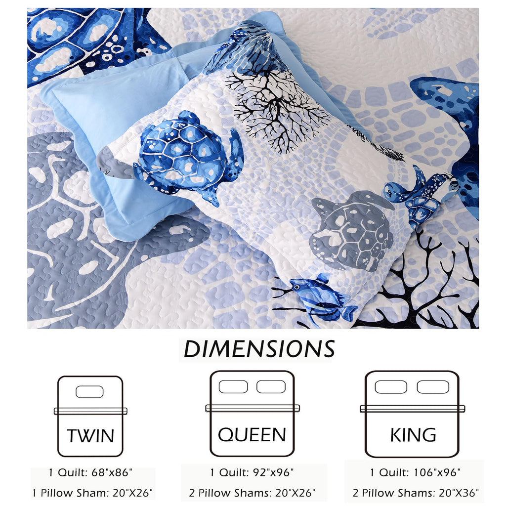 3 Piece Coastal Quilt Set King Size,Soft Lightweight Ocean Quilt,Beach Turtle Starfish Coral Printed Bedspread Bed Set with 2 Shams,Summer Quilt Bedding Set for All Season (106”x96”,Navy Blue)