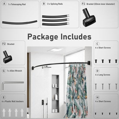 DYHOME Curved Shower Curtain Rod, Need to Drill, 35-76 inches Adjustable Curved Shower Rod Rustproof Shower Rod Round Shower Curtain Rod for Bathroom, Bathtub, Stall, Stainless Steel, Black