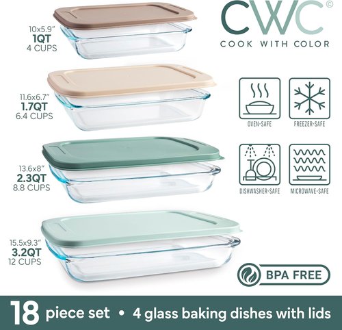 Cook With Color 8-Piece Deep Glass Baking Dish Set - Versatile Casserole & Food Storage Containers | Mint, Freezer-to-Oven Safe