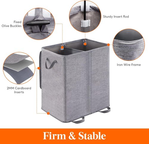 Lifewit Double Laundry Hamper - Large 155L Collapsible Basket with Lid & Removable Bags - Grey
