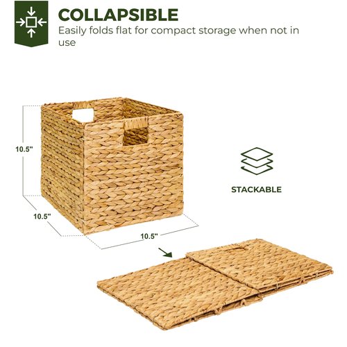 TREVIETDECOR 10.5x10.5in Wicker Storage Baskets, Handwoven Water Hyacinth Foldable Cube Bins for 11.5" × 11.5" and Larger Cube Shelves, Set of 6 (Natural)