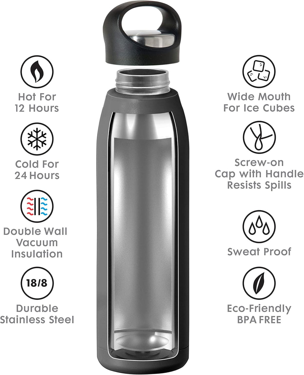 OGGI Freestyle Stainless Steel Insulated Water Bottle- Double Wall Vacuum Insulated, Travel Thermos, 23oz(680ml), Black