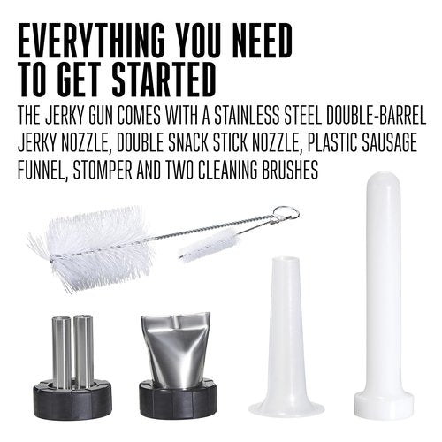 Weston Original Beef Jerky Gun Kit, Makes Flat and Round Snack Sticks, 1.5lbs Meat Capacity, With Sausage Funnel, 2 Nozzles, Stomper and Two Cleaning Brushes, Gifts for Men, Black (37-0150-W)