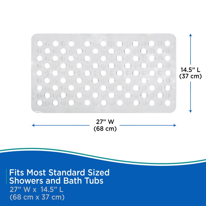 Vinyl Bath Mat with Suction Cups & Large Drain Holes - 27 x 14.5 inches, Grey