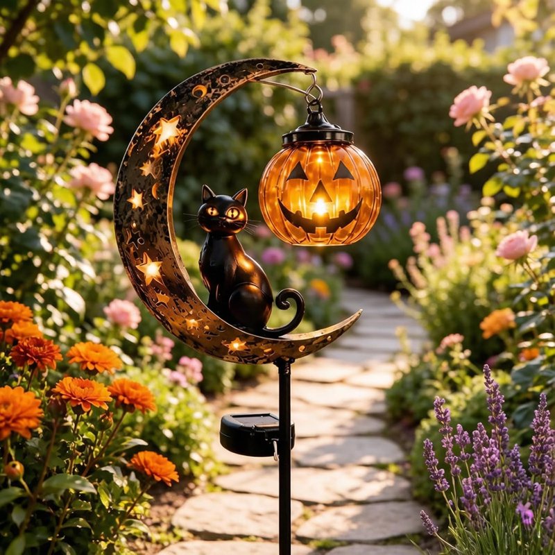 Solar Halloween Black Cat & Pumpkin Moon Garden Stake Light - Waterproof Outdoor Decor - Variation B
