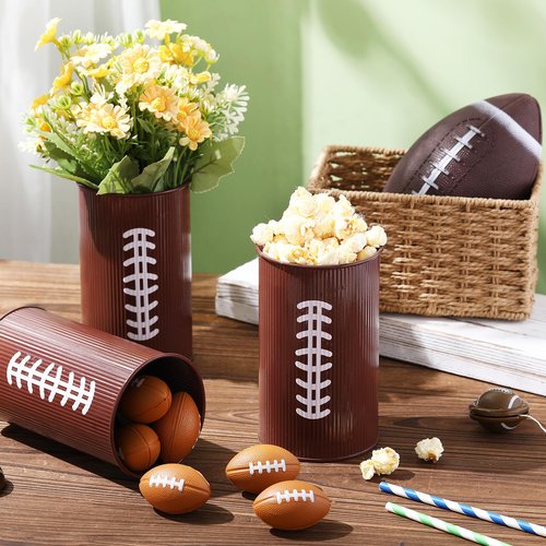 Domensi 3 Pcs Football Table Centerpiece Football Vases Decor Galvanized Metal Vases for Artificial Flowers Rugby Funny Pen Holder Utensil Holder Jars for Kitchen Home Rugby Party Decorations Gifts