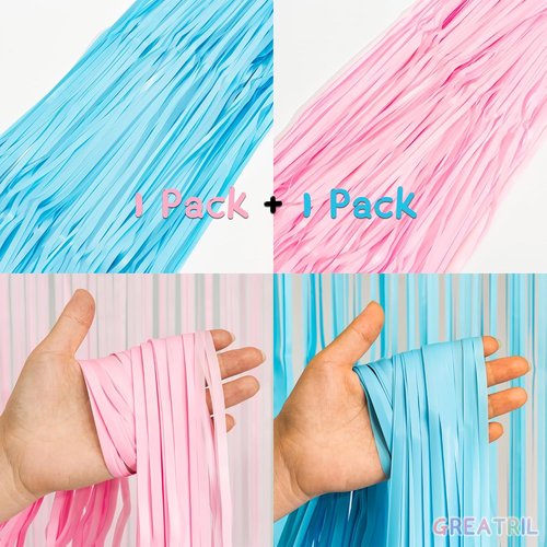 GREATRIL Photo Backdrop - Pink and Blue Foil Fringe Tinsel Streamers for Gender Reveal | 3.2ft X 8.2ft - 2 Packs