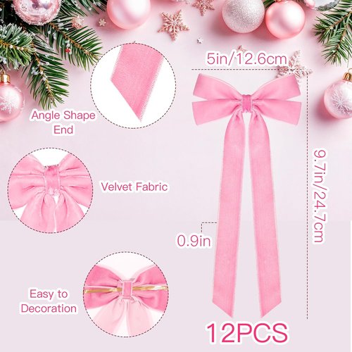 MUKOSEL Pink Velvet Bows - 12Pcs 5in X 10in Christmas Tree Decorations | Vintage Holiday Ornaments