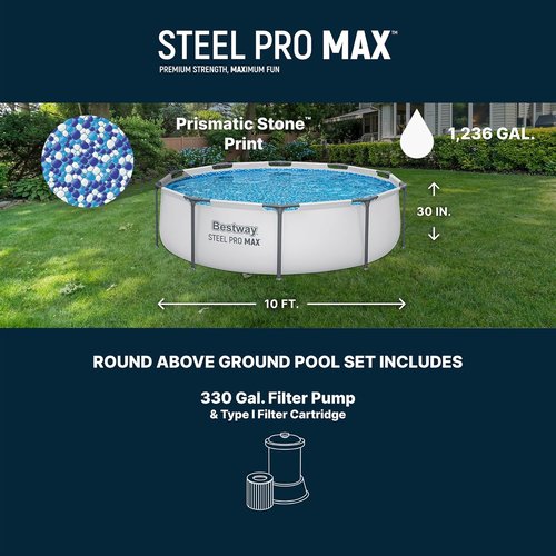 Bestway Steel Pro MAX Above Ground Pool - 10' x 30" Round Metal Frame with Filter Pump & Cartridge - Gray