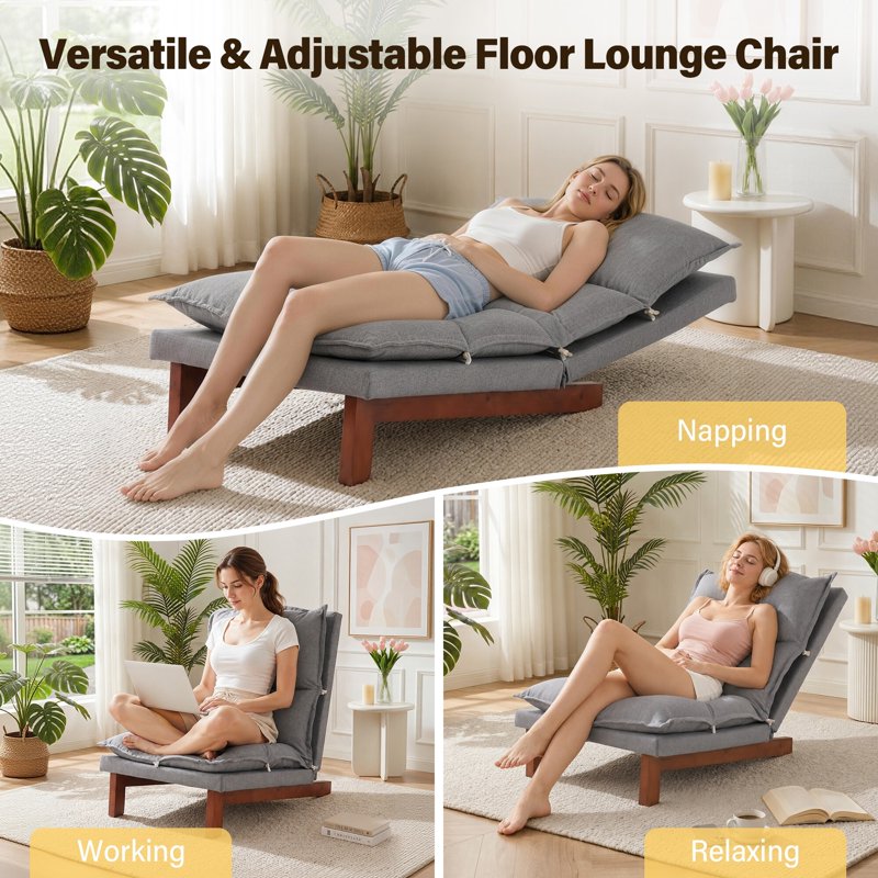 Adjustable Floor Lounge Chair - Gray Linen Recliner with Wood Legs