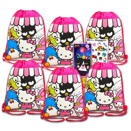 Hello Kitty Party Favor Bags Set - Bundle with 6 Drawstring Bags for Kids with Stickers and More | Hello Kitty Birthday Party Supplies