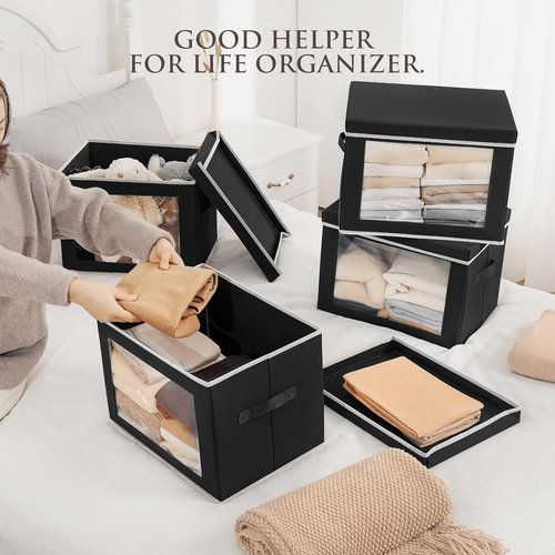 Homsorout Storage Bins - 3 Pack Large Fabric Boxes with Lids & Handles for Organizing Clothes | Black