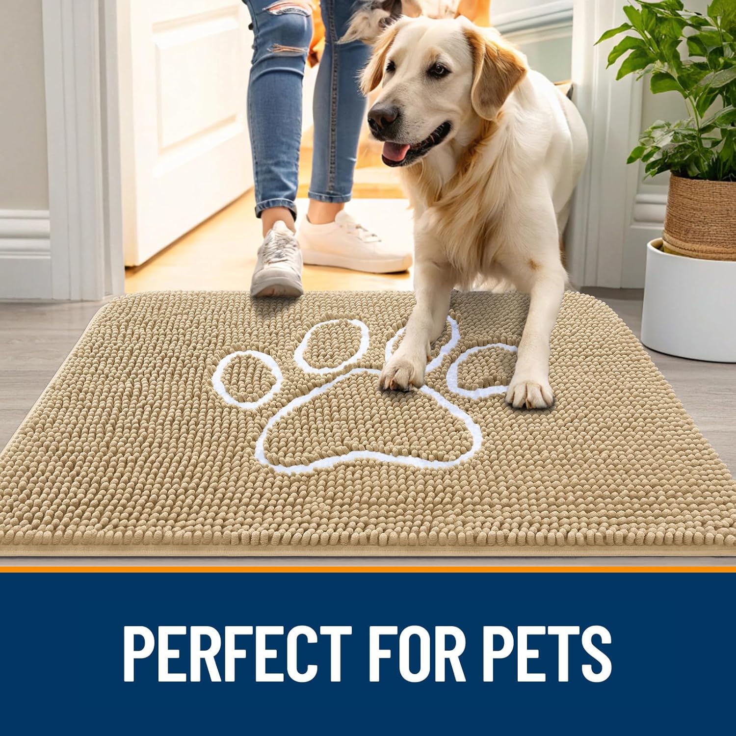 OLANLY Dog Door Mat - Absorbent Non-Slip Mud Mat for Muddy Paws | 70x35 Beige Chenille Design