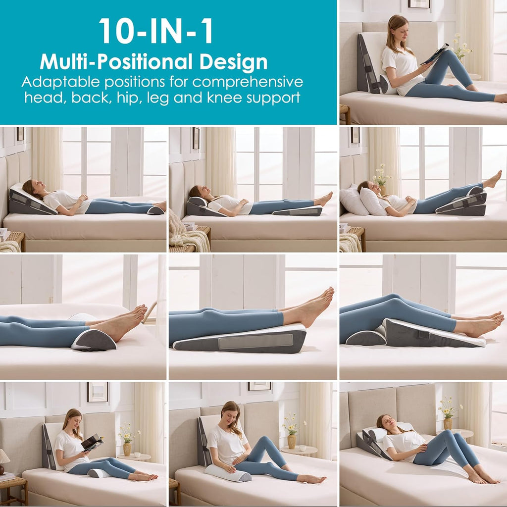 Skiennix Wedge Pillow Set - Adjustable Memory Foam for Acid Reflux Relief | 3-Piece White & Grey