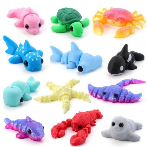 JOYIN 12 Pcs 3D Printed Ocean Animals Set, Mini Animals 3D Printed Toys - Cute Articulated Flexible Figurines Fidget Toys for Easter Party Favors Birthday Gifts Desk Pets Office Home Decor