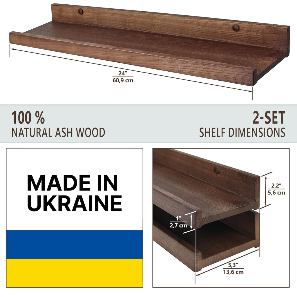 Floating Shelves for Wall 24 inch, Waterproof, Wall Storage Shelves with Lip, Display Picture Ledge Shelf for Photo Frame, Natural Wood Hanging Book Shelves (American Walnut, Set 2)