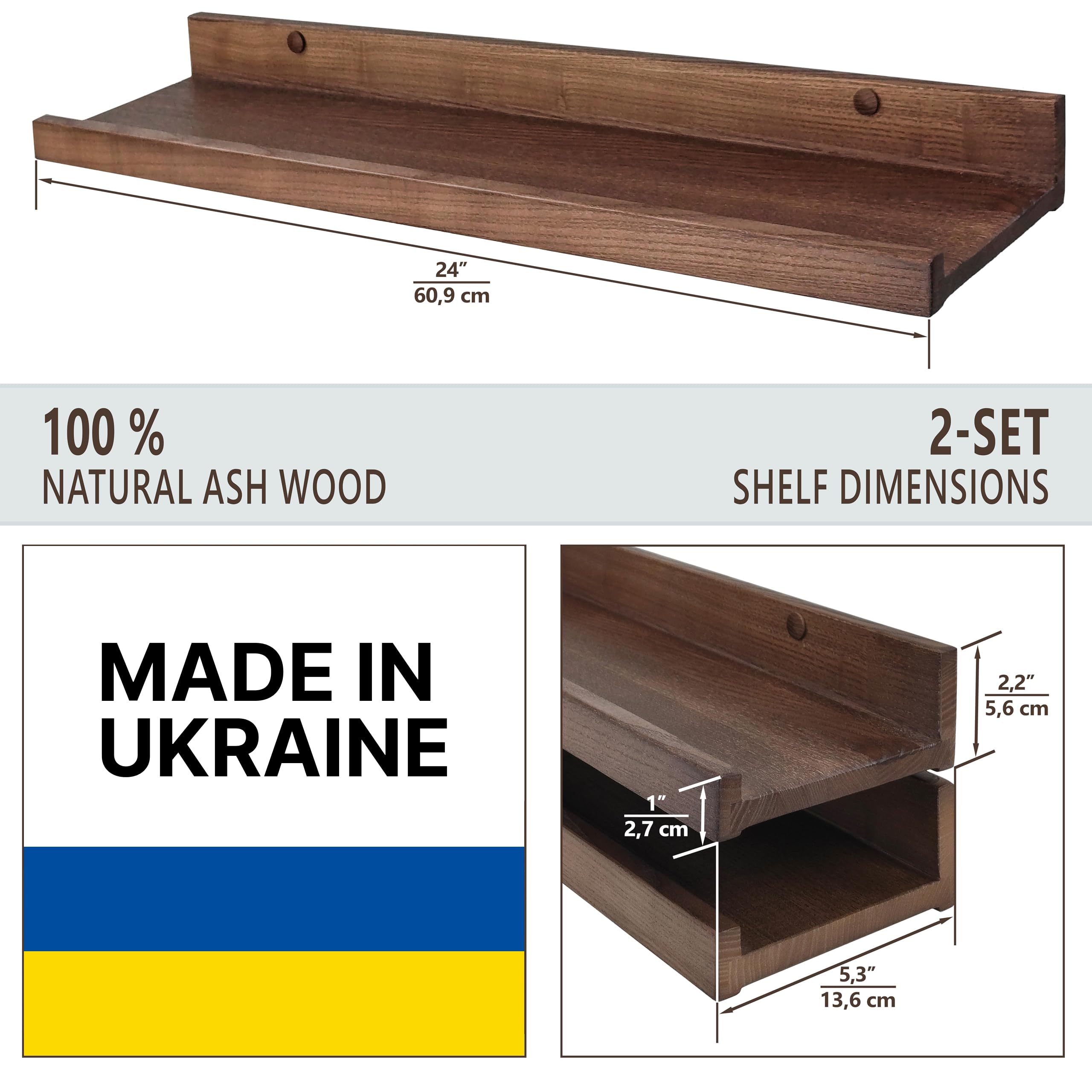 Floating Shelves for Wall 24 inch, Waterproof, Wall Storage Shelves with Lip, Display Picture Ledge Shelf for Photo Frame, Natural Wood Hanging Book Shelves (American Walnut, Set 2)