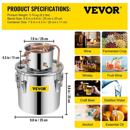 VEVOR Alcohol Still 3Gal/12L Alcohol Distiller Stainless Steel Distillery Kit for Alcohol With Copper Tube Home Brewing Kit Build-in Thermometer for DIY Whisky Wine Brandy