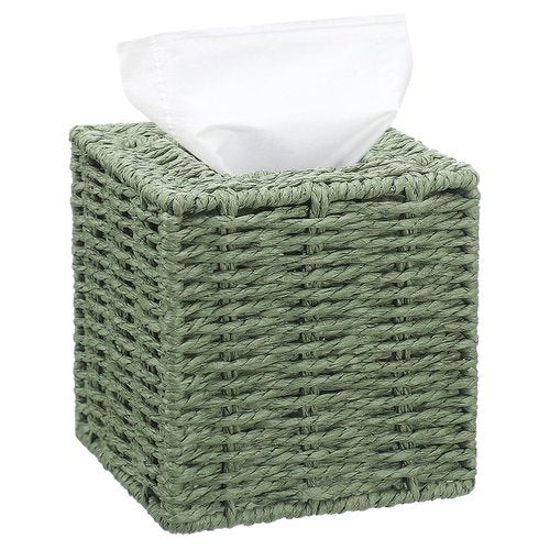 Acellegic Sage Green Tissue Box Cover Square Natural Paper Rope Hand Woven Tissue Box Holder for Bathroom Living Room Bedroom Kitchen Table Desk Office Boho Home Decor