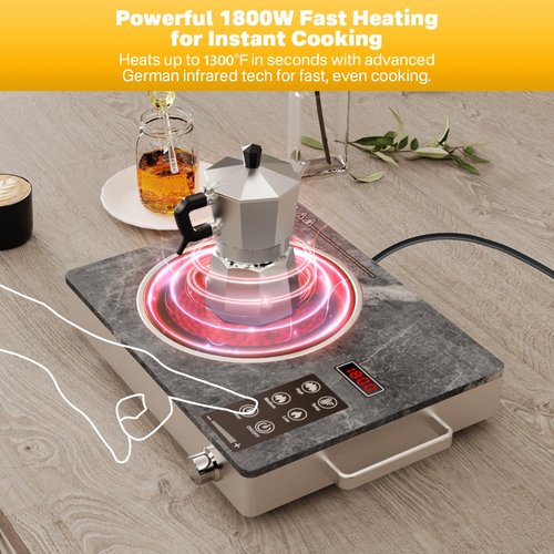 Alemania Single Burner Ceramic Cooktop, Portable 1800W Electric Stove, Countertop Burner for Cooking, Plug in Kitchen Hot Plate, Temperature Adjustable Compact Hob Camping Stoves