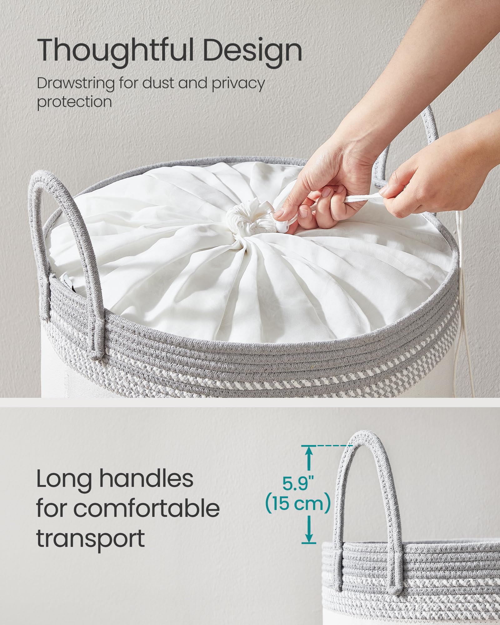 SONGMICS Laundry Hamper, Cotton Rope Laundry Basket with Handles, for Clothing, Living Room, Bedroom, 23.8 Gallons, 19.7 x 19.7 x 18.1 Inches, Cloud White and Dove Gray URLH090G01
