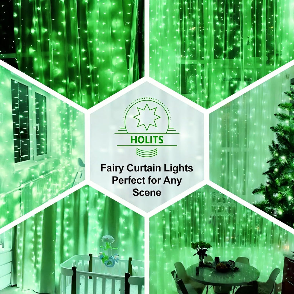 Skiennix 300 LED Fairy Curtain Lights - 9.8 x 9.8FT Green USB Plug with 8 Modes & Remote for Christmas, Weddings, Indoor/Outdoor Decor