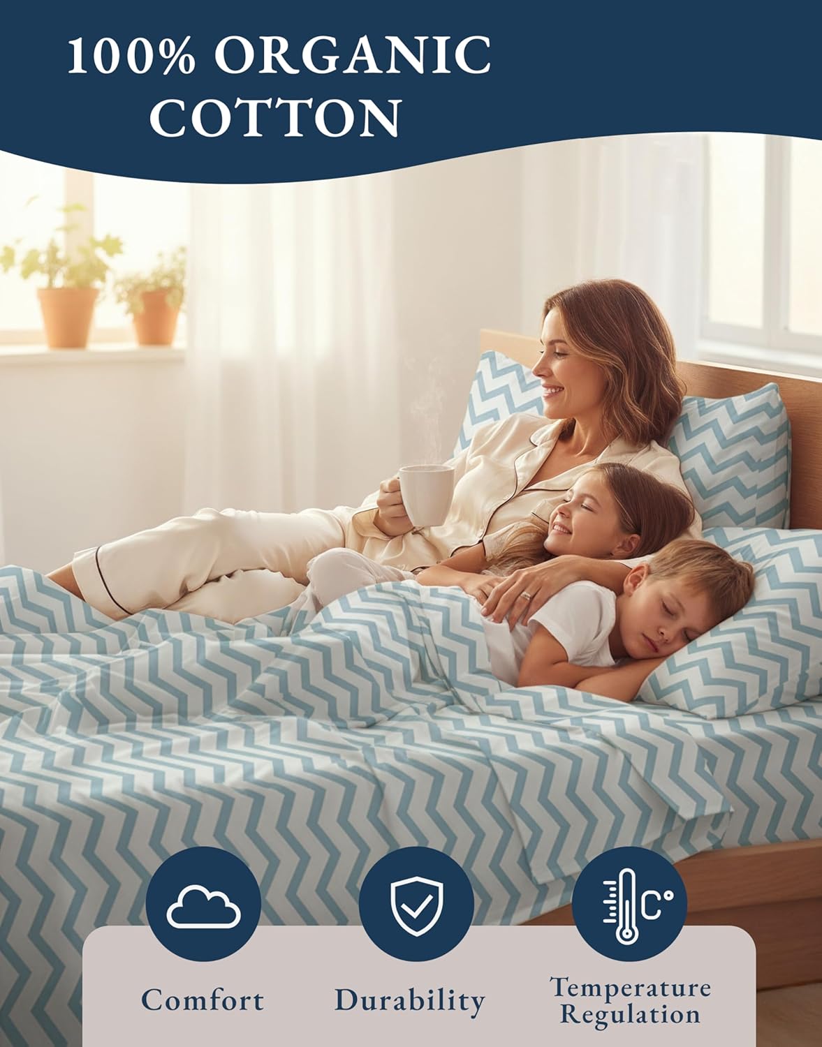 **LANE LINEN 100% Organic Cotton Twin Bed Sheets - Naturally Cooling, Deep Pocket, Eco-Friendly Chevron Design**