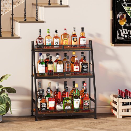 3-Tier (Safe Height for Kids & Pets) Expanded Liquor Stand, Trapezoid Wine Rack Freestanding Floor, Large-Capacity Bar Stand for Liquor Whiskey Wine Storage, Vintage Liquor Cabinet Bar for Home