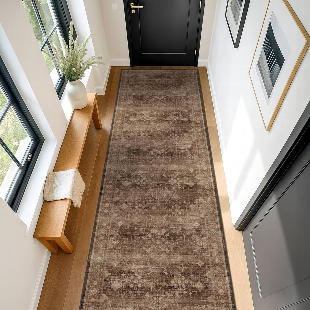 Regine Switzerland Brown Washable Long Runner Rug - Non-Slip Rubber Backing | 2'6"x8' for Hallways & Entryways