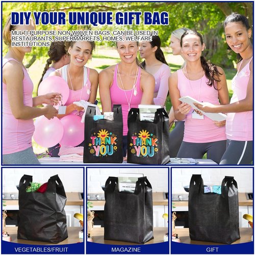 Windyun Large Grocery T-shirt Bags Bulk Reusable Non Woven Shopping Bag Foldable Gift Tote with Handle, 21x11x6 Inch(200 Pcs,Black)