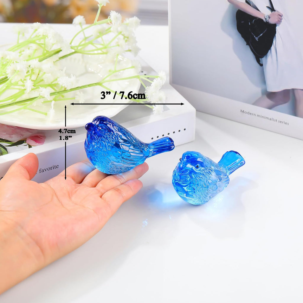 Qianwei Crystal Bird Figurine Set - Handmade Blown Glass Blue Birds for Office Desk Decor | 2PCS