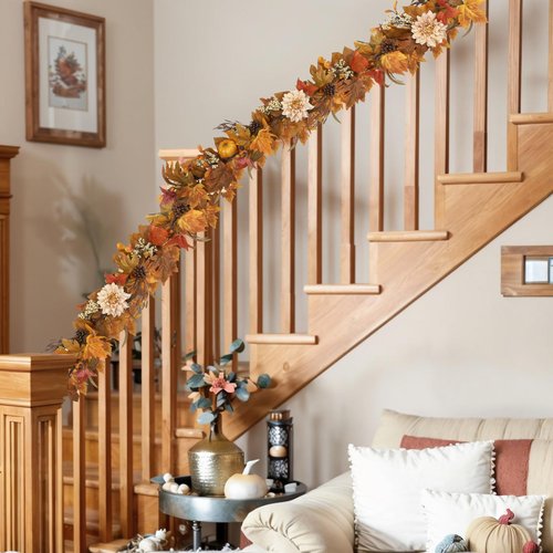 MDSTBN Fall Garland 6Ft Lifelike Autumn Maples Leaf Pumpkin Garland with Berries Pine Cones, Fall Decorations for Home Thanksgiving Halloween Fireplace Farmhouse Porch Indoor Outdoor Decorations