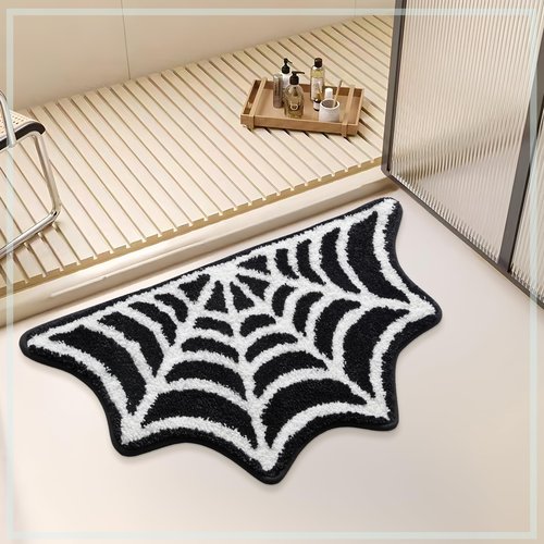 Moutina Spider Web Bath Mat 16x30 Inch Black, Soft and Absorbent Tufted Gothic Halloween Bathroom Rug Non Slip Washable, Gothic Bathroom Decor Rug Holiday Decorations