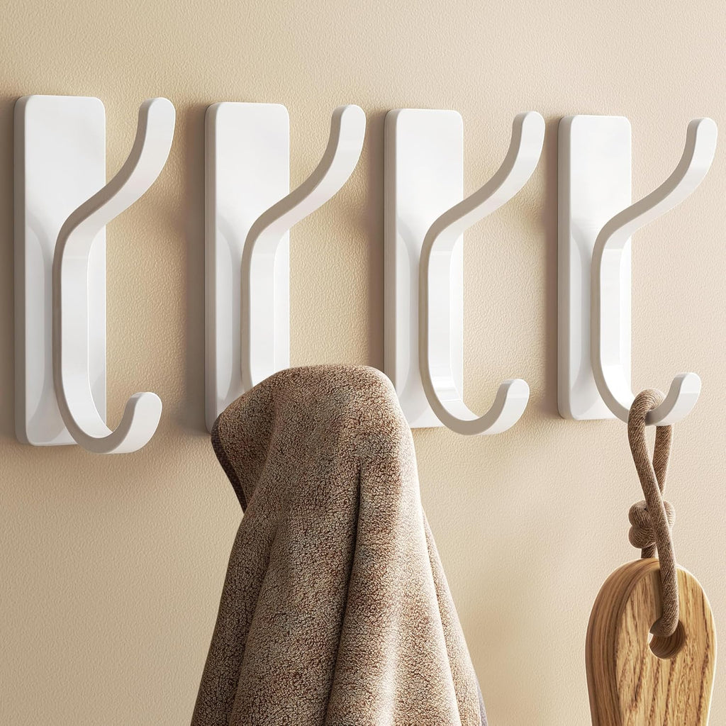 Pickpiff Adhesive Wall Coat Hooks - Heavy Duty Stick-On Metal Hangers for Towels, Bags & Clothes - White, 4 Pack