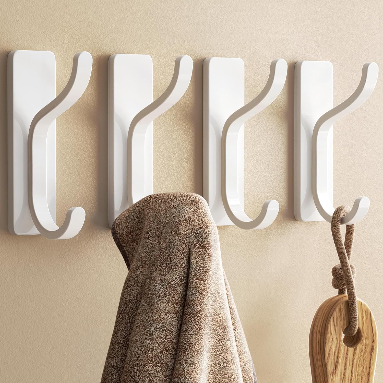 Pickpiff Adhesive Wall Coat Hooks - Heavy Duty Stick-On Metal Hangers for Towels, Bags & Clothes - White, 4 Pack