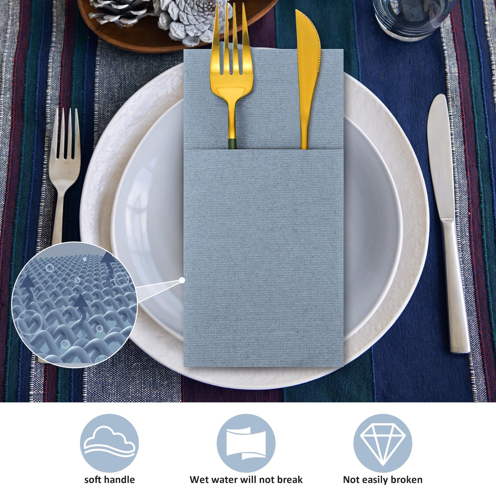 Qilery 150 Pieces Dusty Blue Linen Feel Napkins, Disposable Paper Napkins Prefolded Dinner Napkin with Built-in Flatware Pocket for Silverware Valentine Wedding Party Decoration