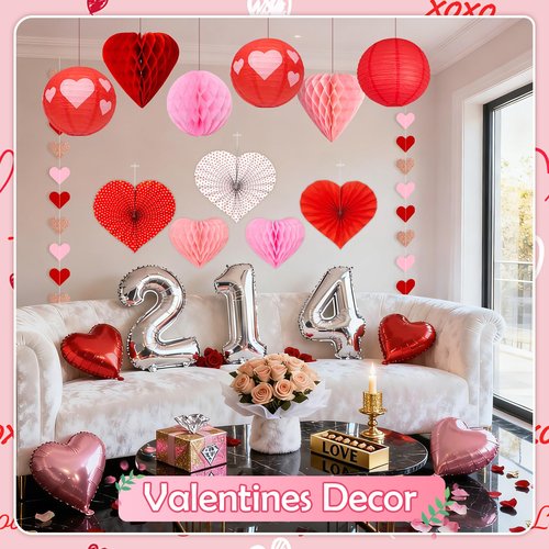 Hanging Valentines Decorations for Ceiling - 17 Pcs Valentines Day Hanging Decor with Honeycomb Hearts, Paper Fans & Lanterns - Vibrant Valentine Day Decorations for Office , Home & Classroom